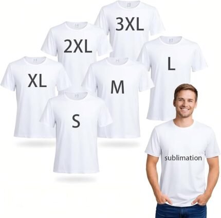 6-Pack White Polyester Sublimation T-Shirts – Unisex Crew Neck Short Sleeve Blank Shirts, Sizes S–3XL (Bundle of 10)