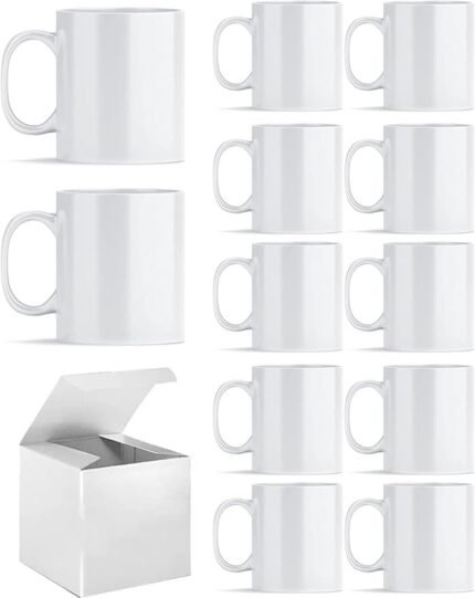 Set of 12 Blank Sublimation Coffee Mugs – 11 oz White Ceramic Mugs with Individual Gift Boxes